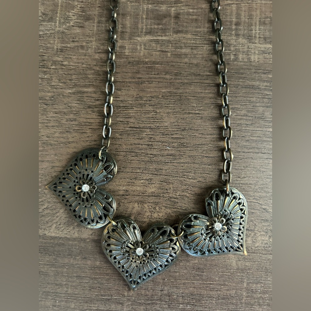 Antique Gold Heart Filigree Statement Necklace Jewelry Three Hearts Rhinestones